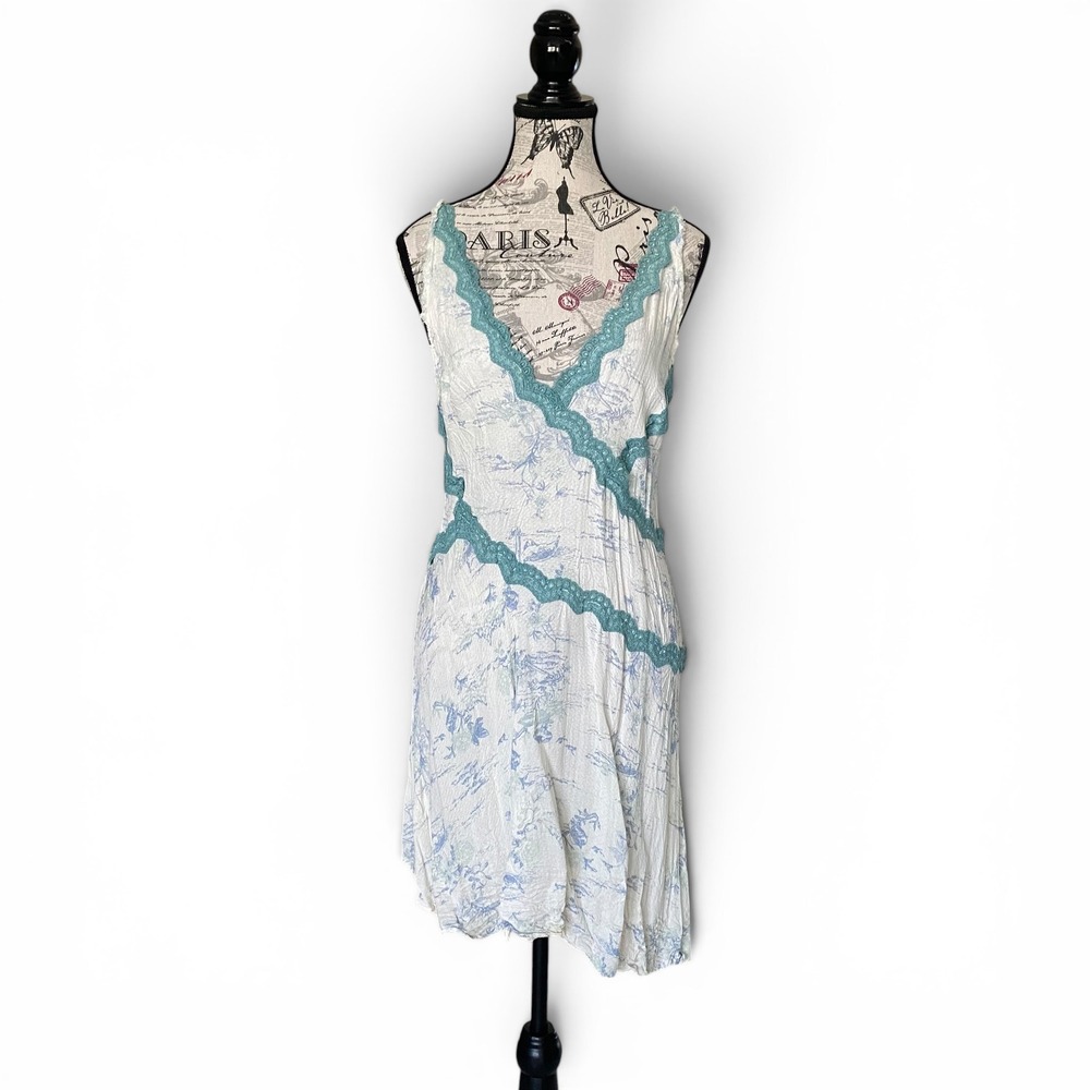 Free People Intimately Bed of Roses Slip Dress Women Cream Blue Toile Lace Trim